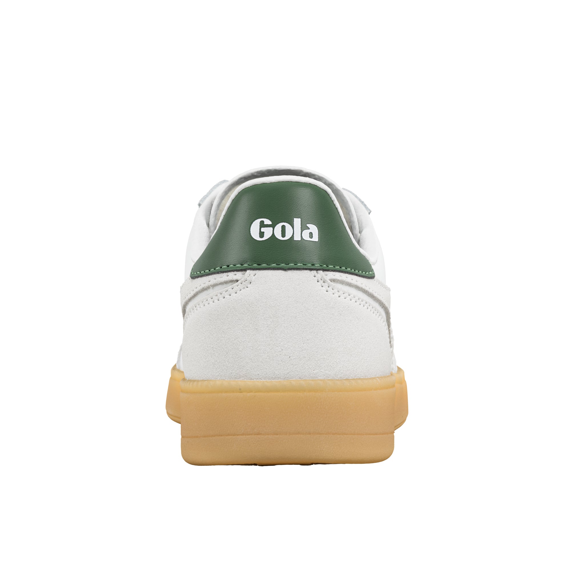 Rear view of a white trainer with a green heel tab and gum sole