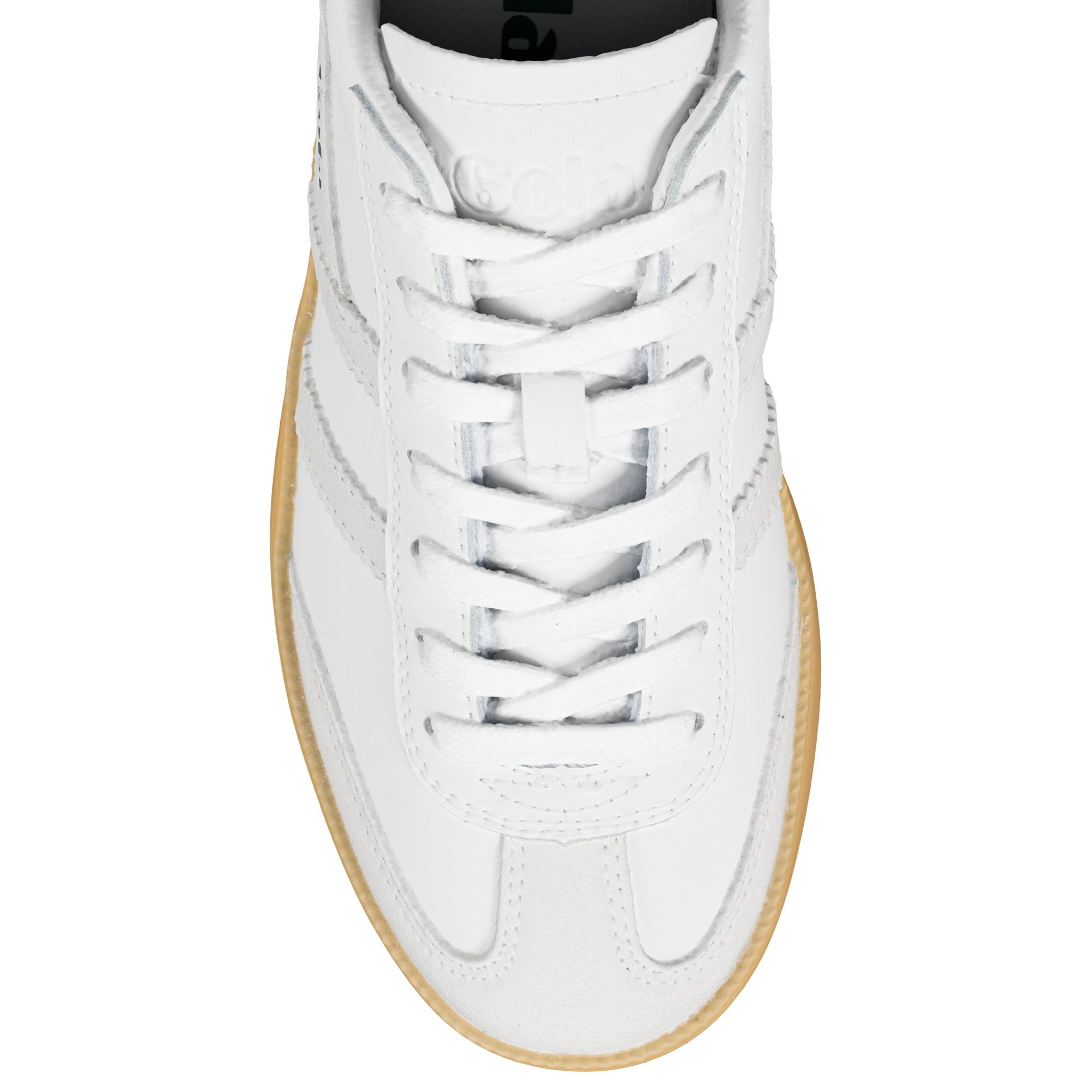 Top view of a white Gola trainer with a gum sole