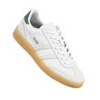 White Gola trainer with green heel tab and gum sole