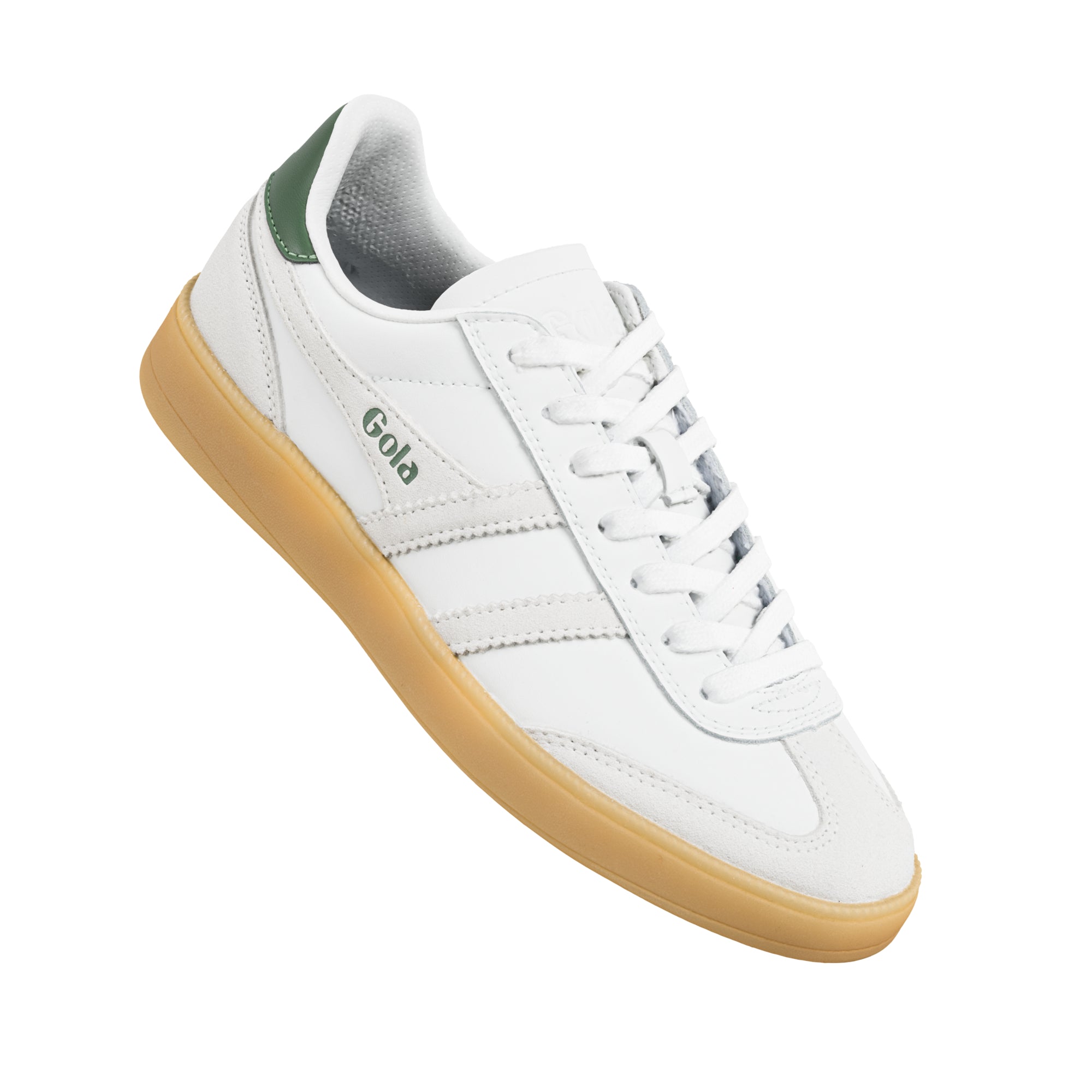 White Gola trainer with green heel tab and gum sole