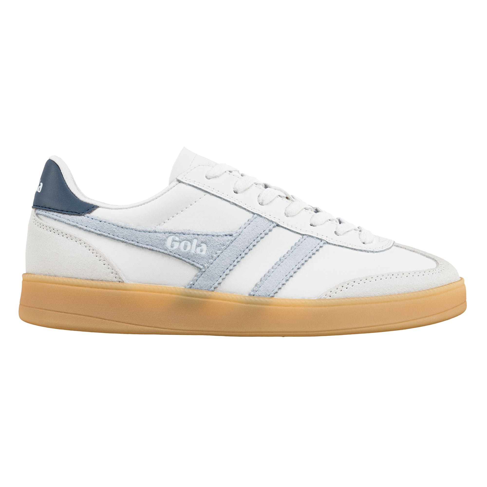 White Gola trainer with light blue suede detailing and a gum rubber sole