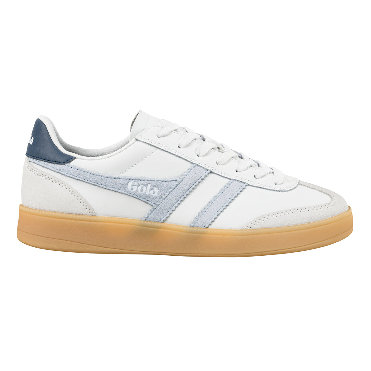 Gola Classics white trainer with light blue suede detailing and a gum sole