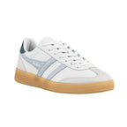 White Gola trainer with light blue side stripes and a gum rubber sole