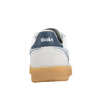 Rear view of a white Gola trainer with a blue heel tab and gum sole