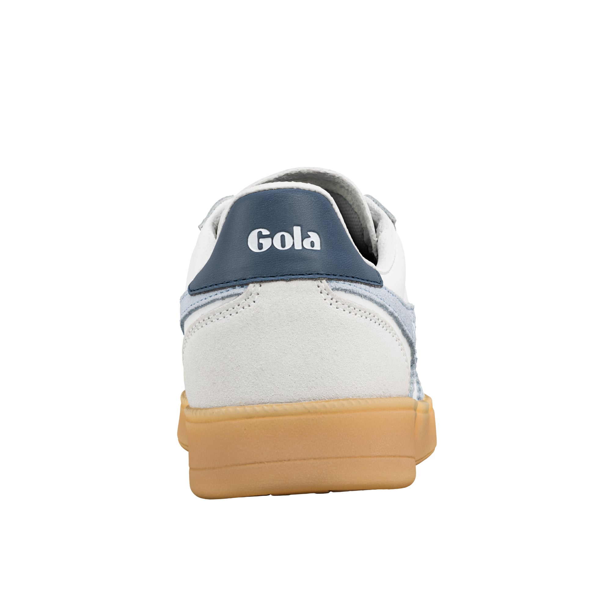 Rear view of a white Gola trainer with a blue heel tab and gum sole
