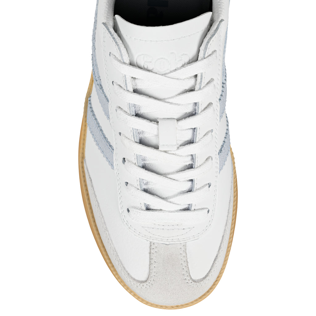 Top view of a white leather trainer with suede detailing and a gum rubber sole