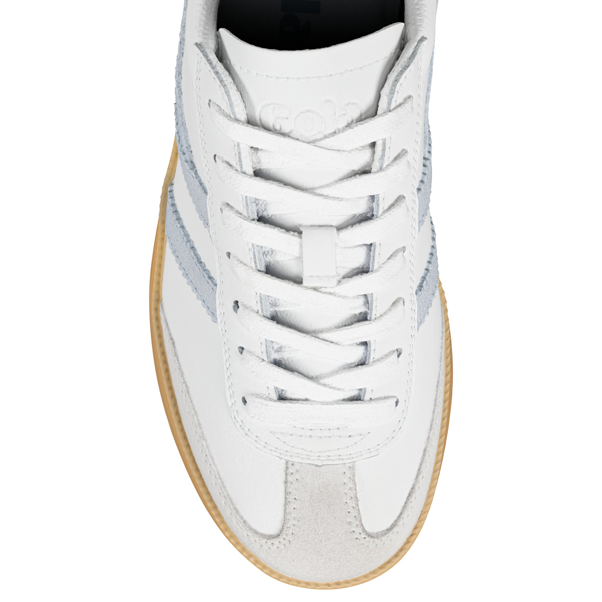 Top view of a white leather trainer with suede detailing and a gum rubber sole