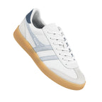 White Gola trainer with light blue suede detailing and a gum rubber sole