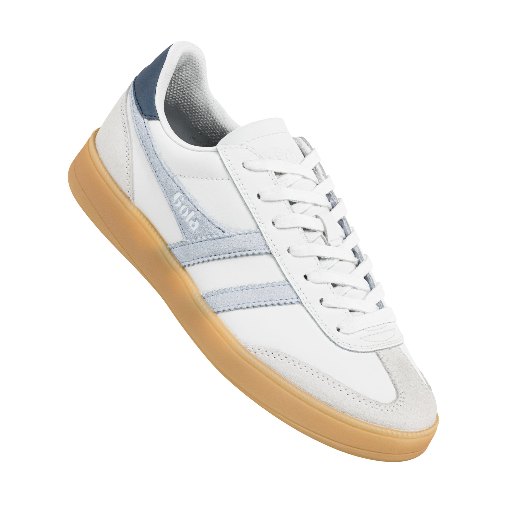 White Gola trainer with light blue suede detailing and a gum rubber sole