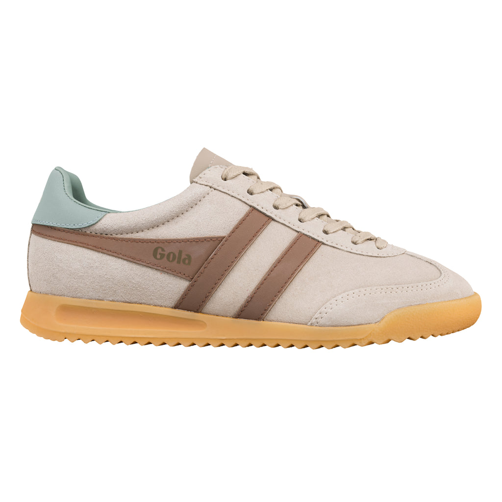 Beige suede Gola trainer with brown side stripes and a pale blue heel tab on a gum rubber sole