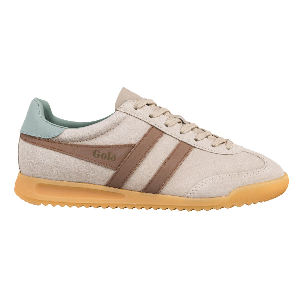 Gola Classics beige suede trainer with brown side stripes and gum sole