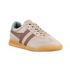 Beige suede Gola trainer with brown side stripes and a gum sole