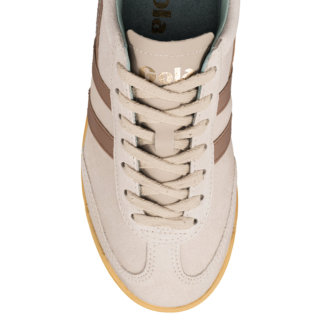 Beige suede Gola trainer with brown side stripes and gum sole