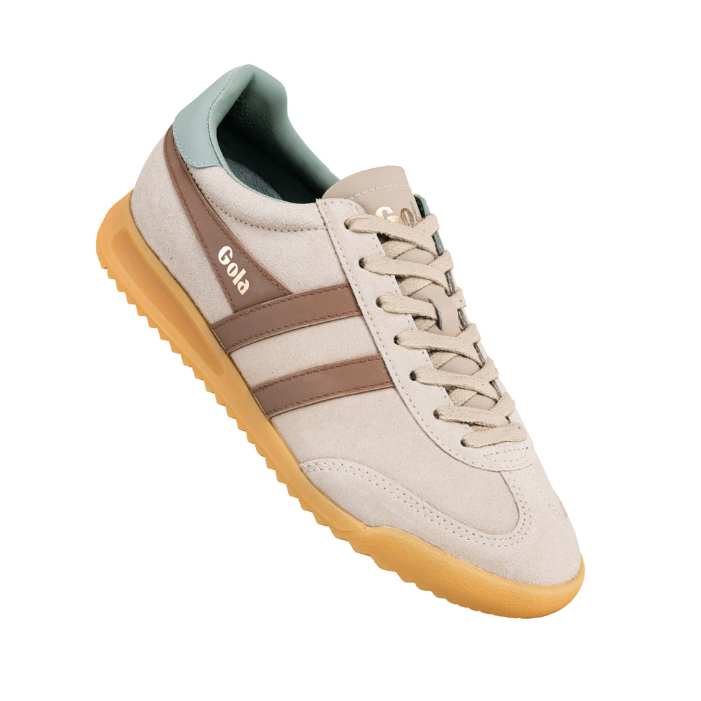 Gola beige suede trainer with brown side stripes and gum sole