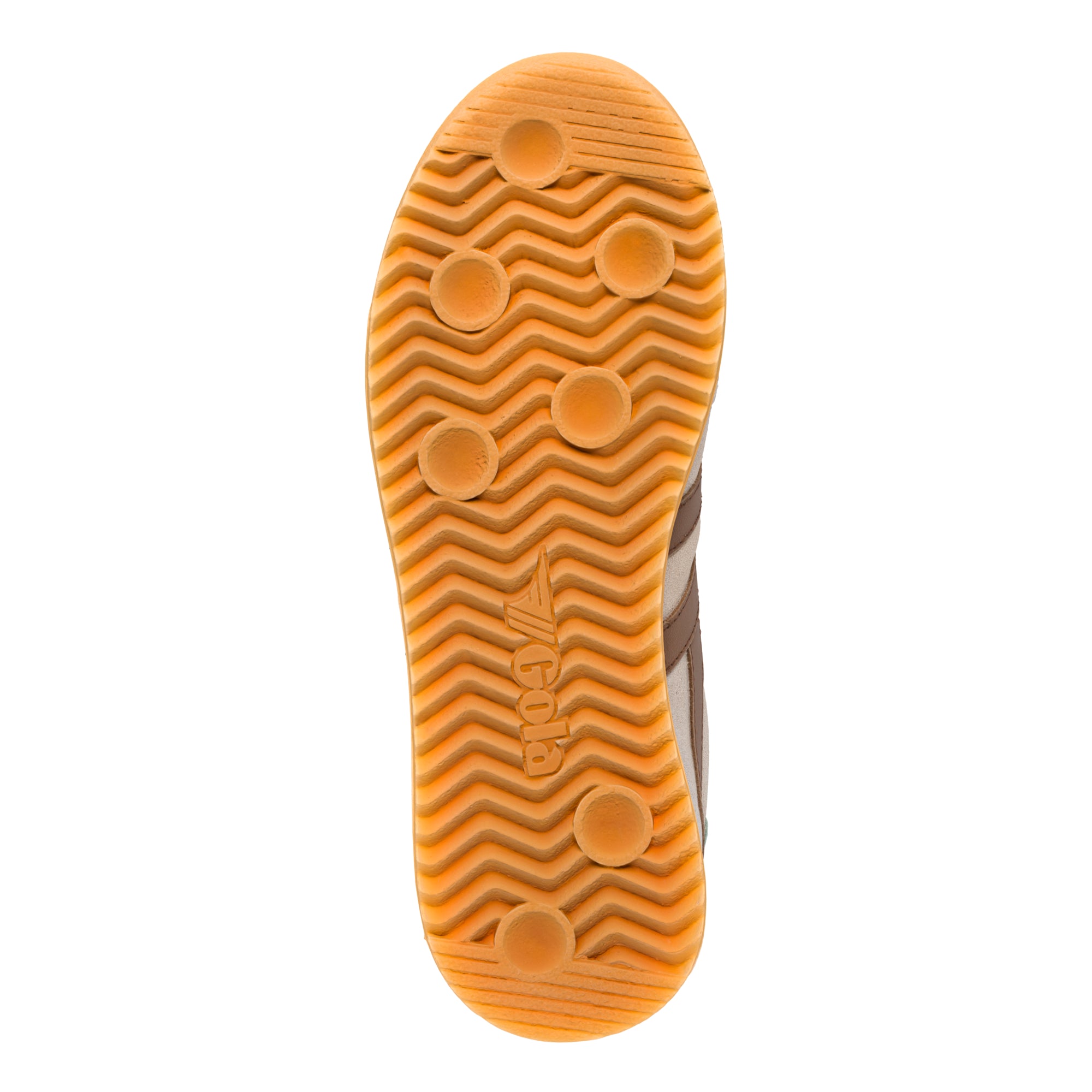 Gum rubber trainer sole with wavy tread pattern and circular grip points