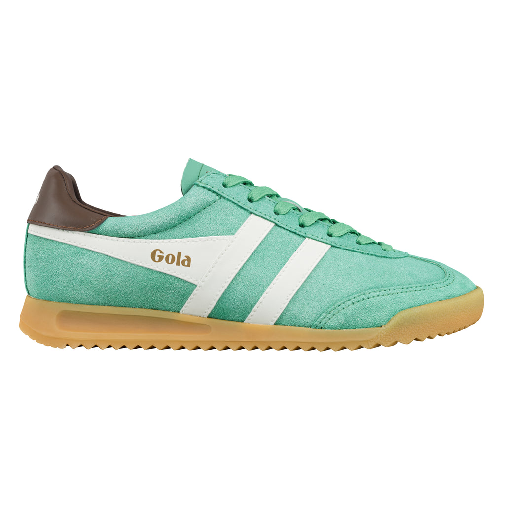 Mint green suede trainer with white side stripes and a gum sole