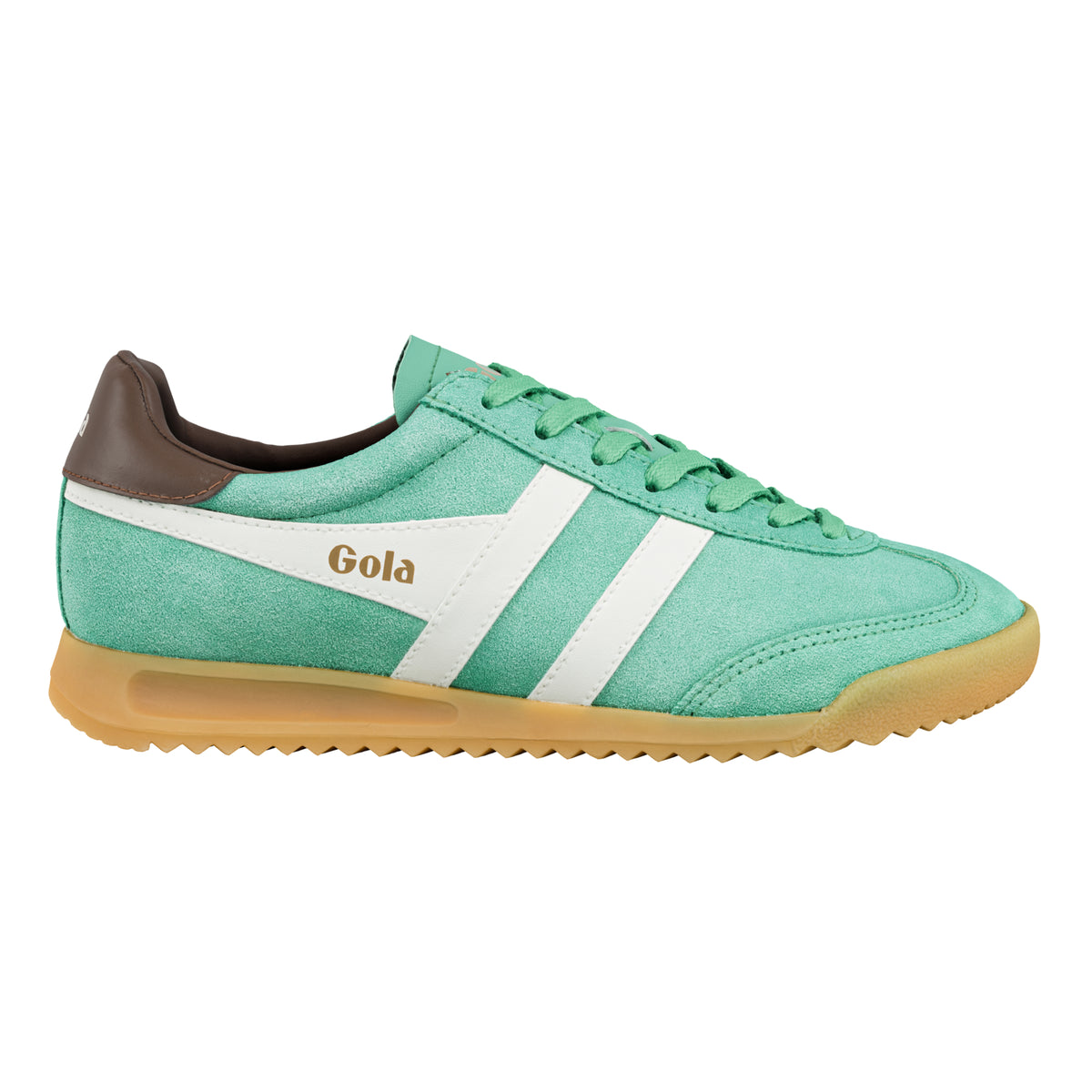 Gola Classics green suede trainer with white side stripes and brown heel tab on a gum sole