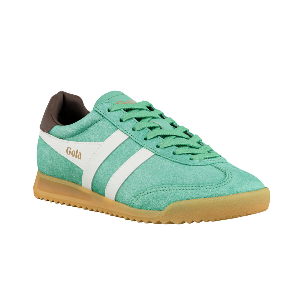 Mint green suede Gola trainer with white side stripes and a gum rubber sole