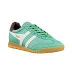 Mint green suede Gola trainer with white side stripes and a gum rubber sole