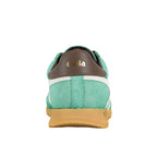 Rear view of a green suede Gola trainer with a brown heel tab and gum sole