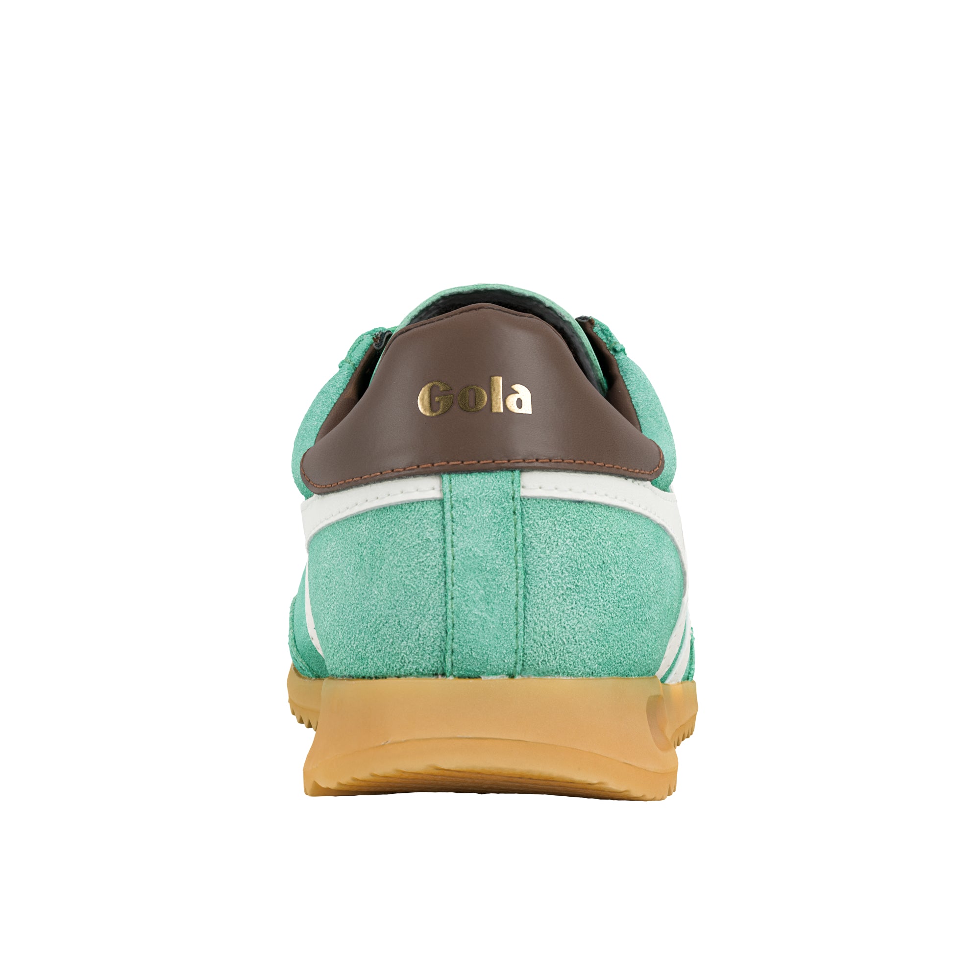 Rear view of a green suede Gola trainer with a brown heel tab and gum sole