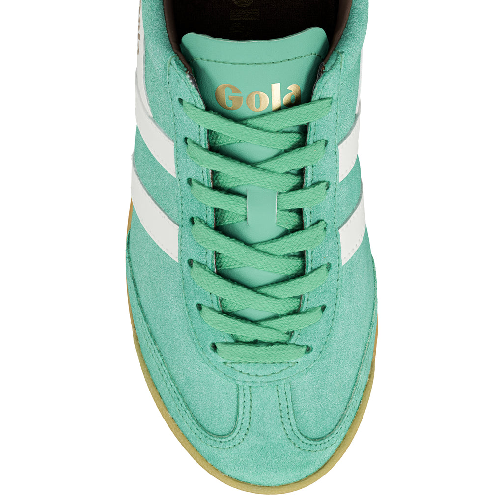 Top view of a mint green suede Gola trainer with white side stripes and a gum sole