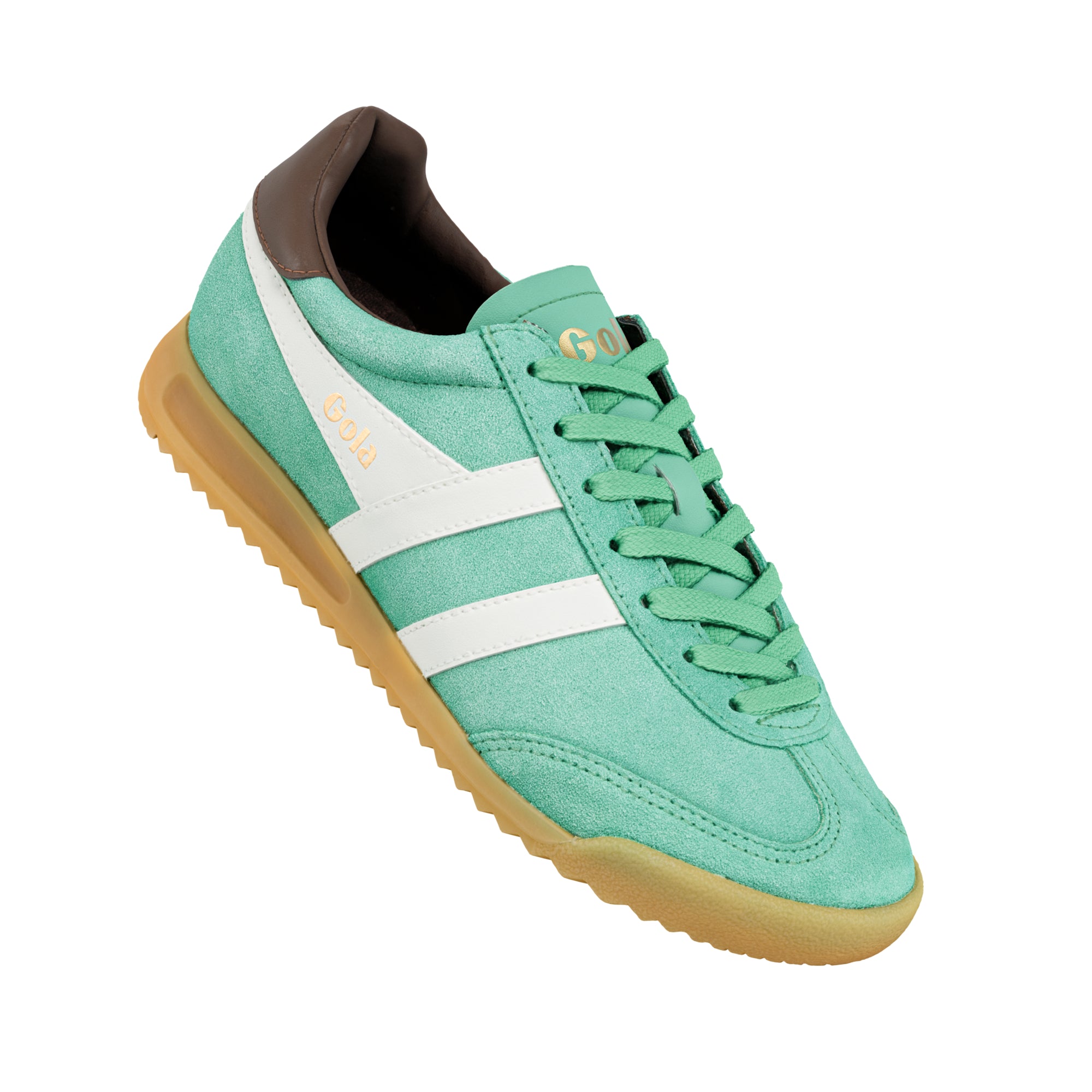 Mint green suede Gola trainer with white side stripes and gum sole