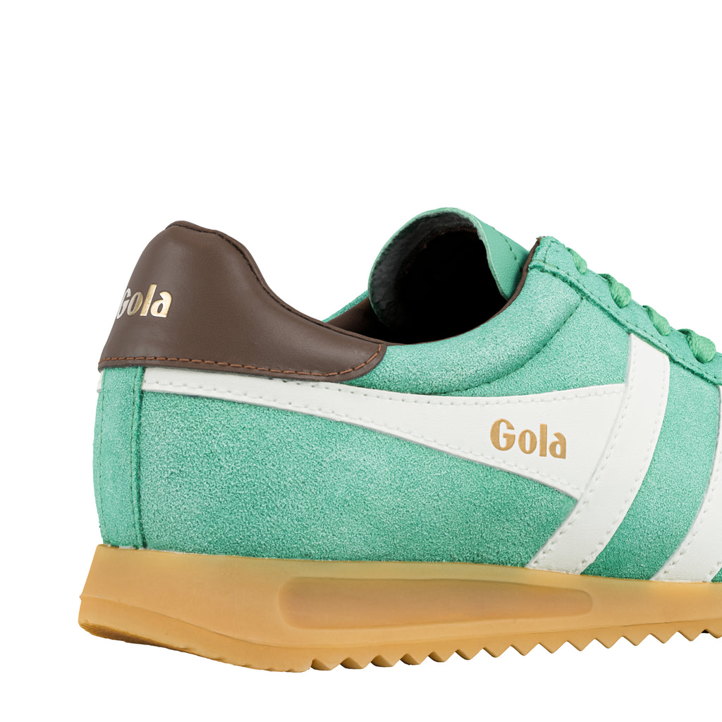 Green suede Gola trainer with white side stripe and brown heel tab