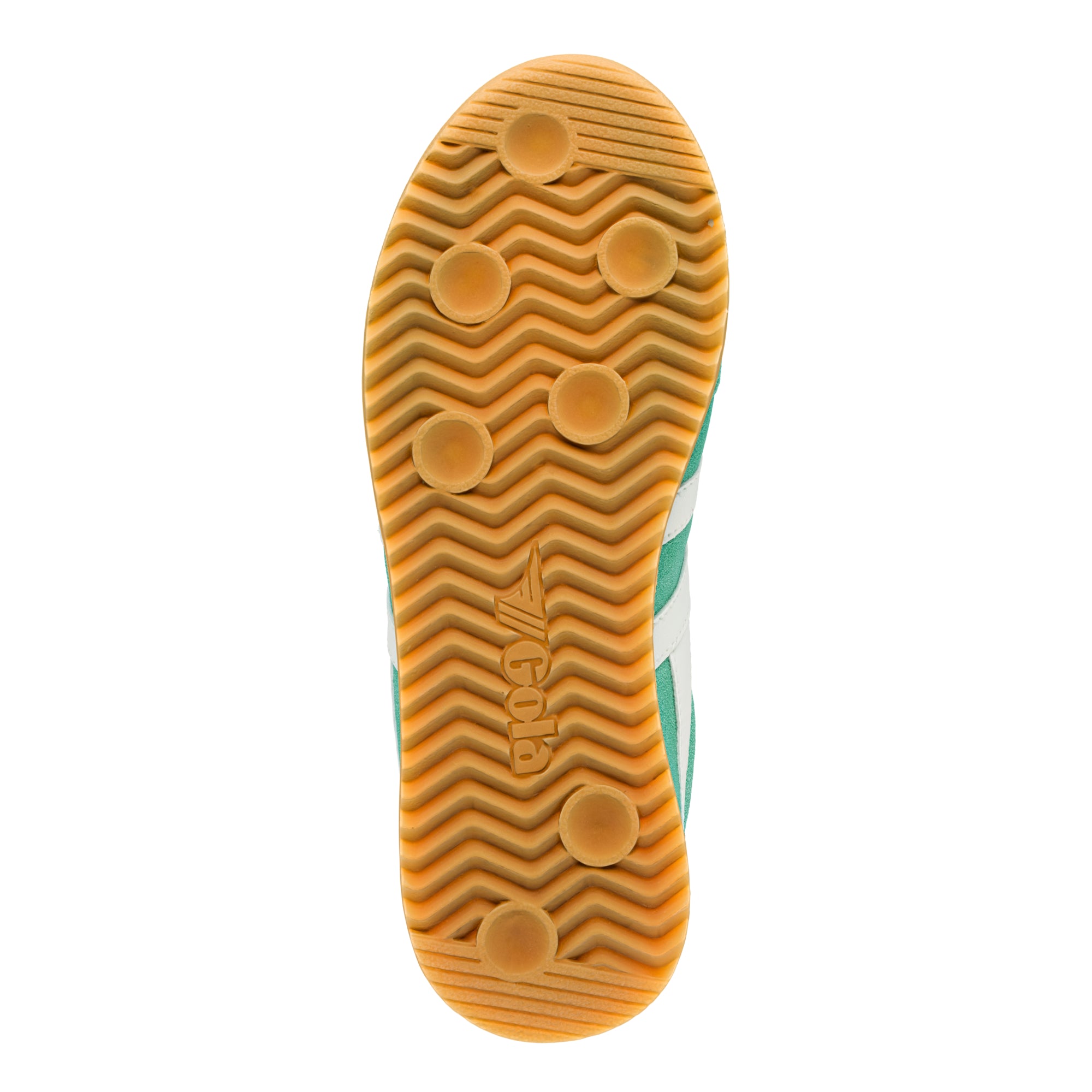 Gum rubber trainer sole with wavy tread pattern and Gola logo