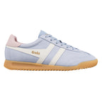 Light blue suede trainer with white side stripes and a gum sole