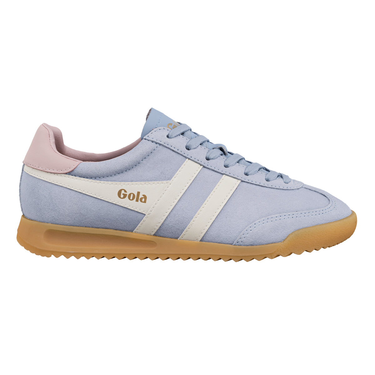 Gola Classics blue suede trainer with pink heel tab and gum sole