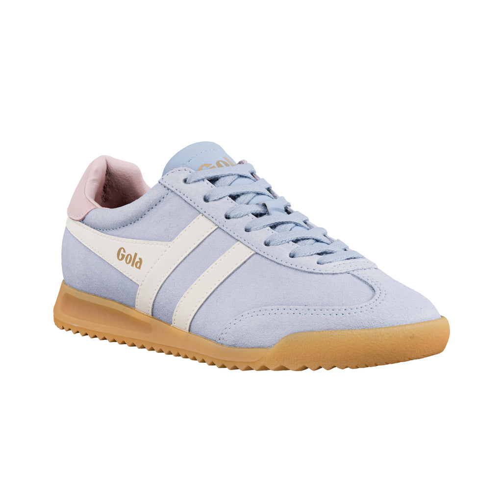 Gola Classics blue suede trainer with white side stripes and gum sole