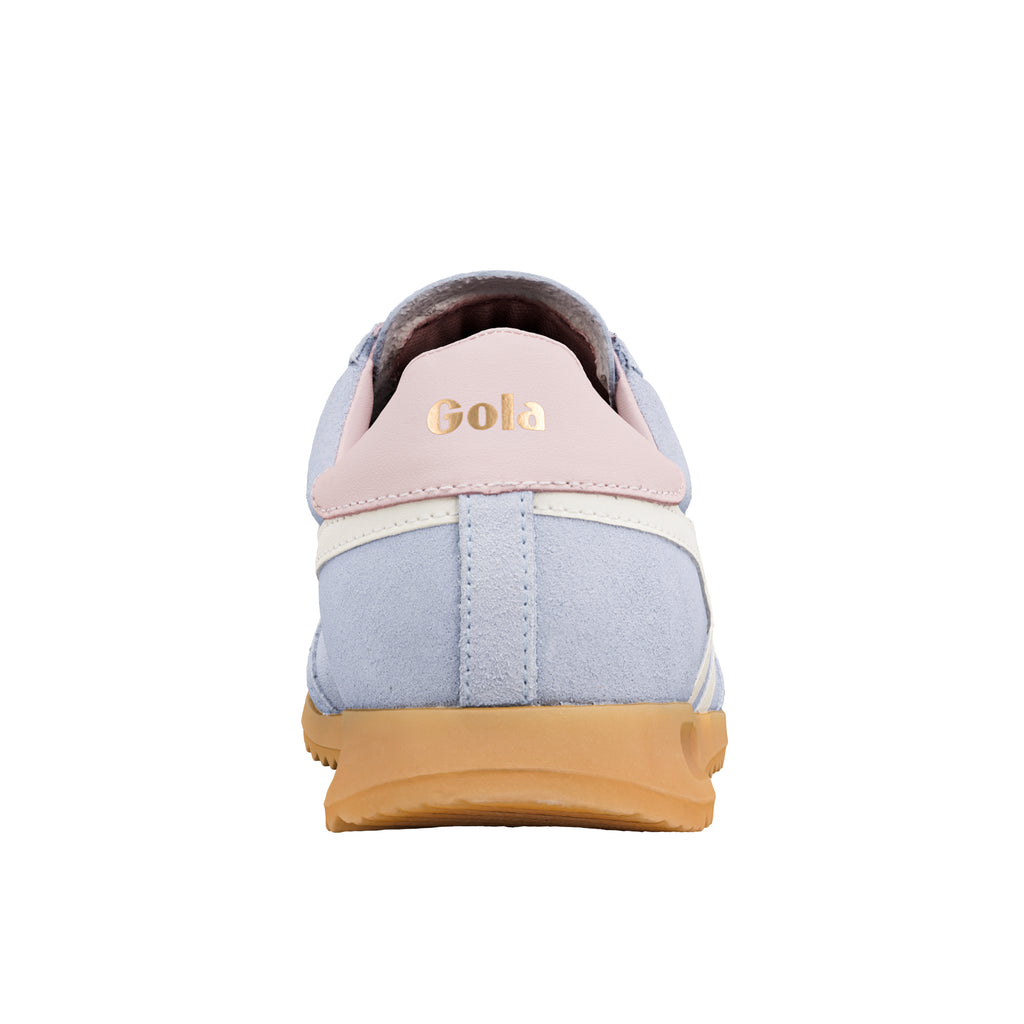 Rear view of a blue suede Gola Classics trainer with a pink heel tab and gum sole