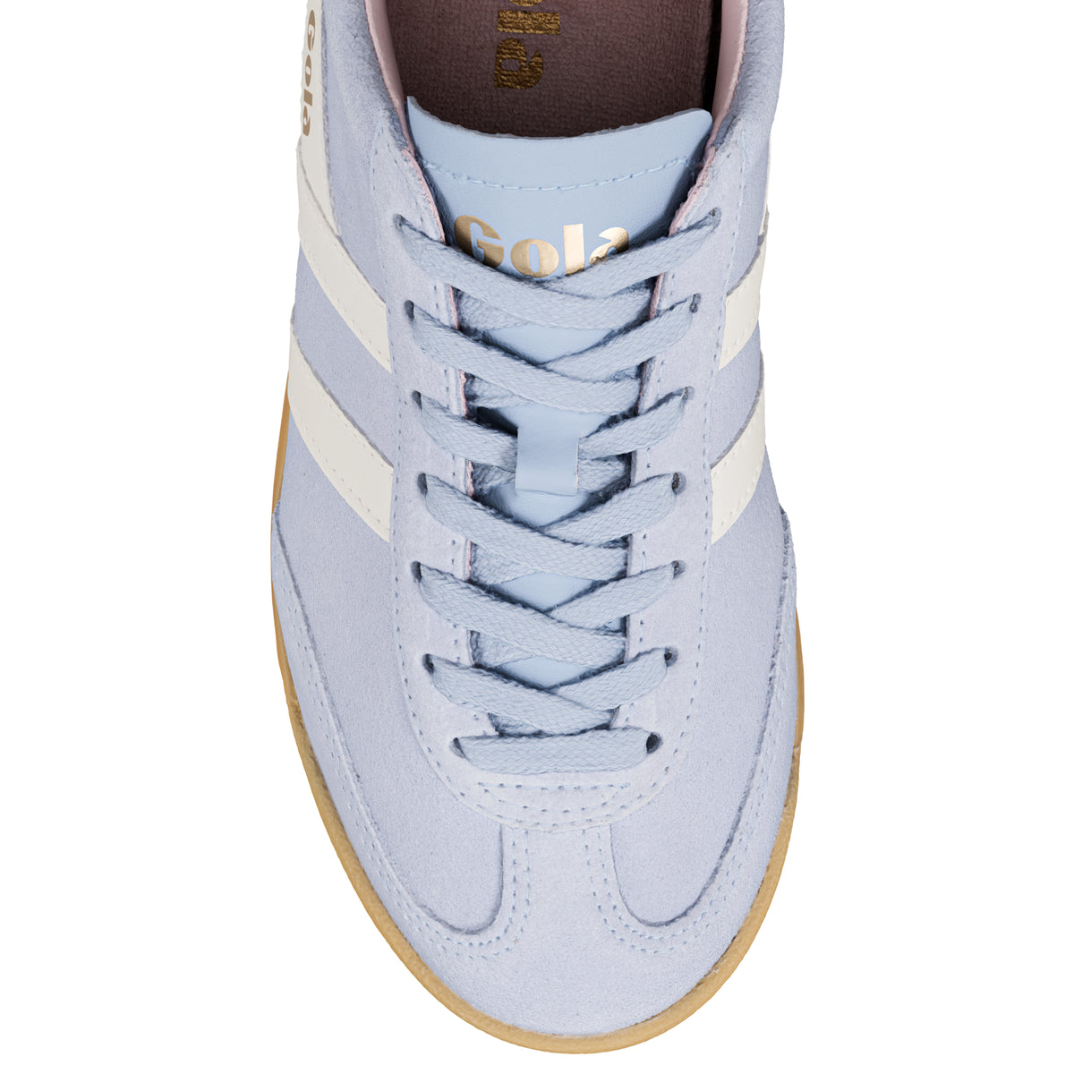 Gola Classics light blue suede trainer with white side stripes and gum sole