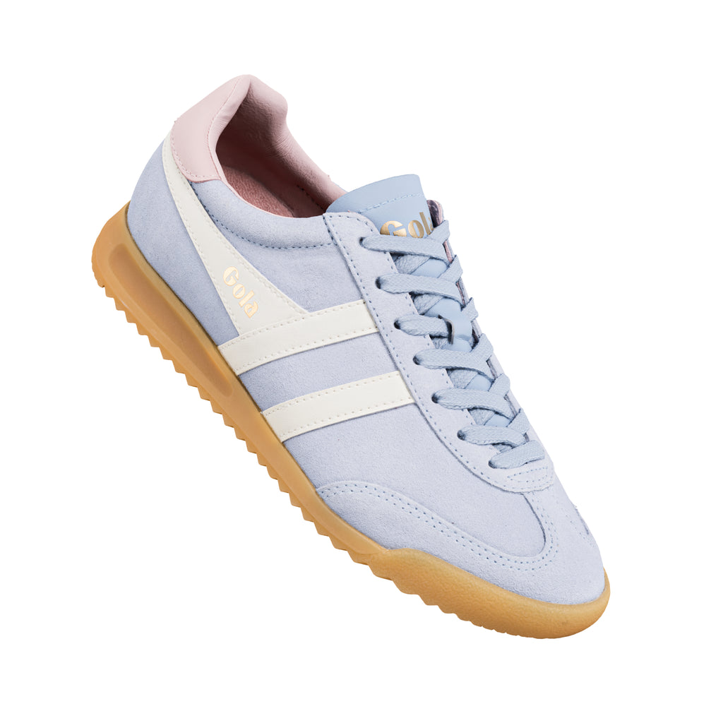 Gola Classics pale blue suede trainer with white side stripes and gum sole