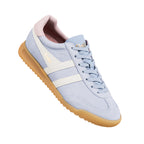 Gola Classics pale blue suede trainer with white side stripes and gum sole