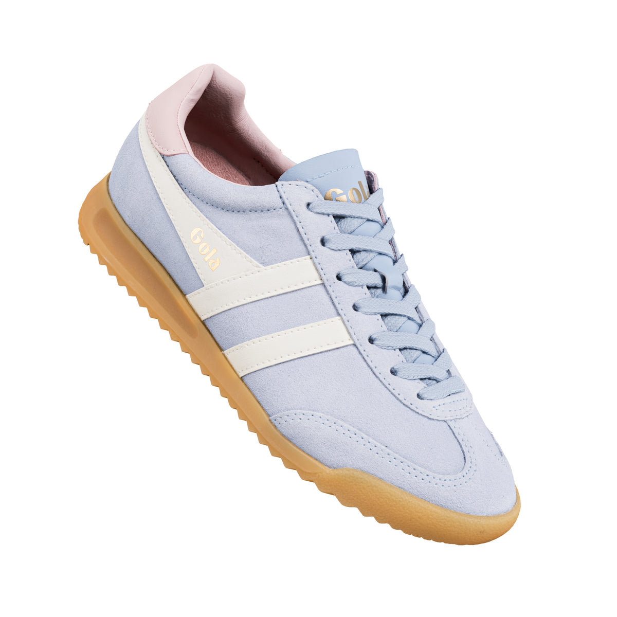 Gola Classics pale blue suede trainer with white side stripes and gum sole