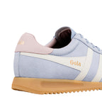 Gola Classics blue suede trainer with pink heel tab and gum sole