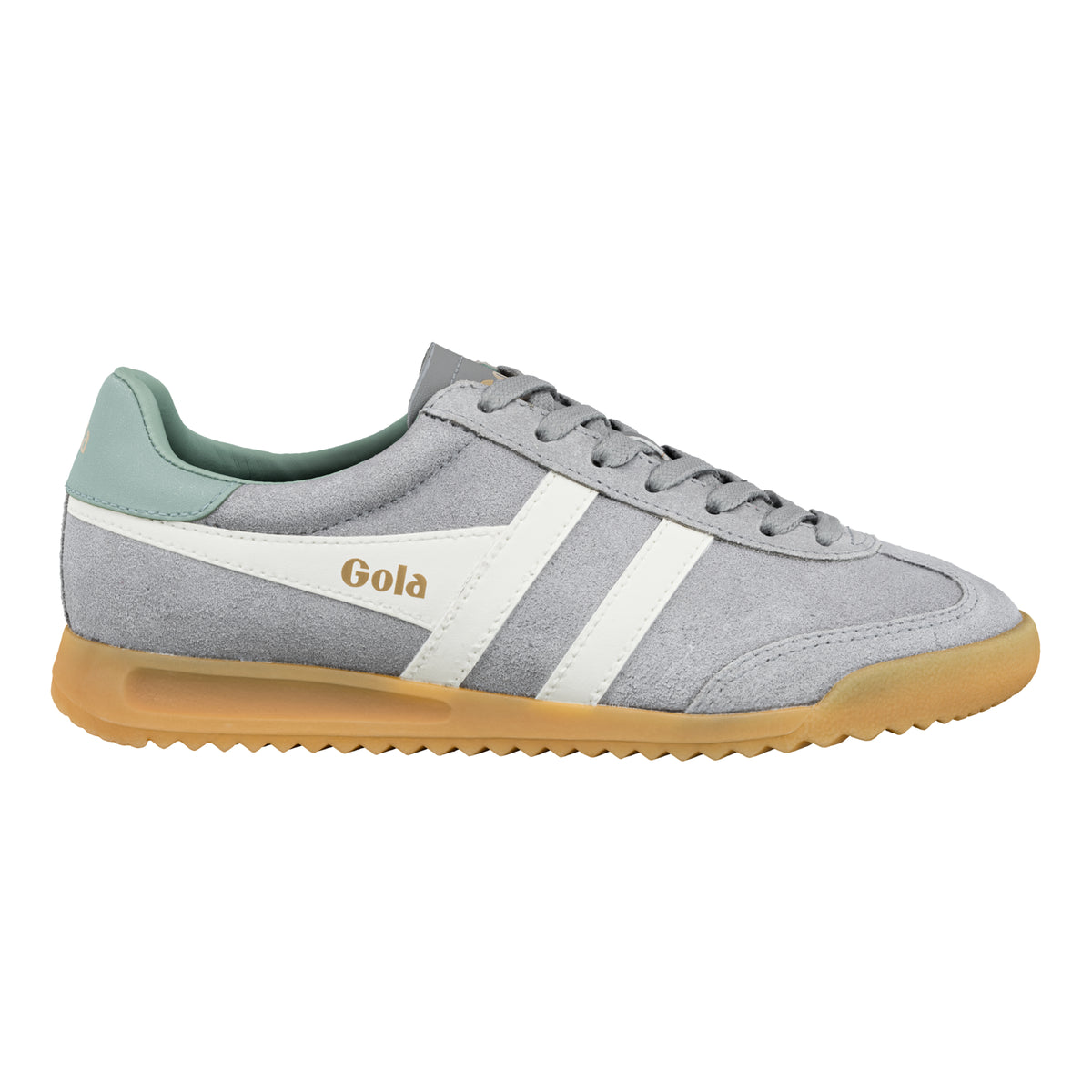 Gola Classics grey suede trainer with white side stripes and gum sole