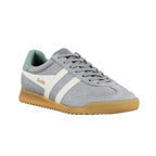Grey suede Gola trainer with white side stripes and a gum sole