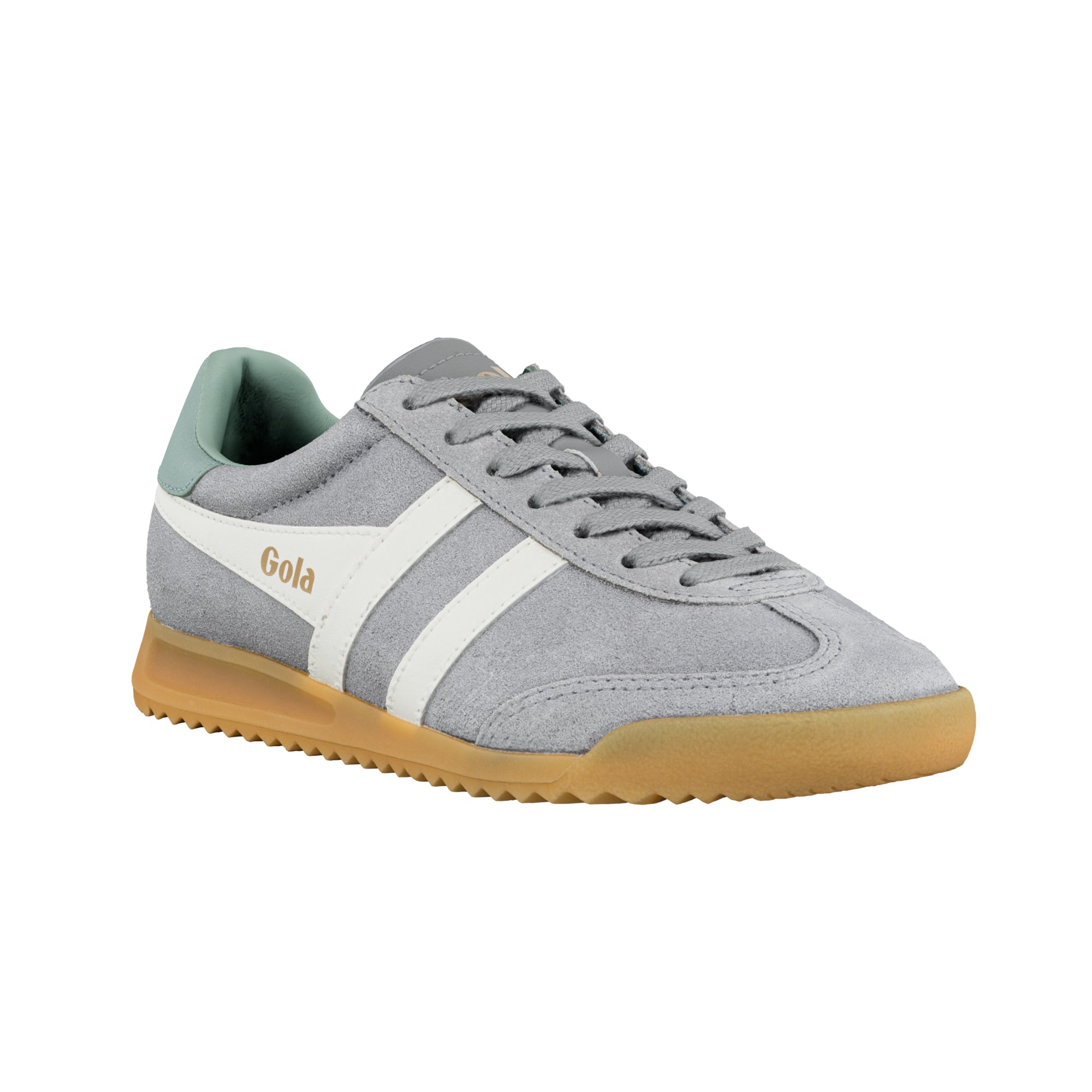 Grey suede Gola trainer with white side stripes and a gum sole