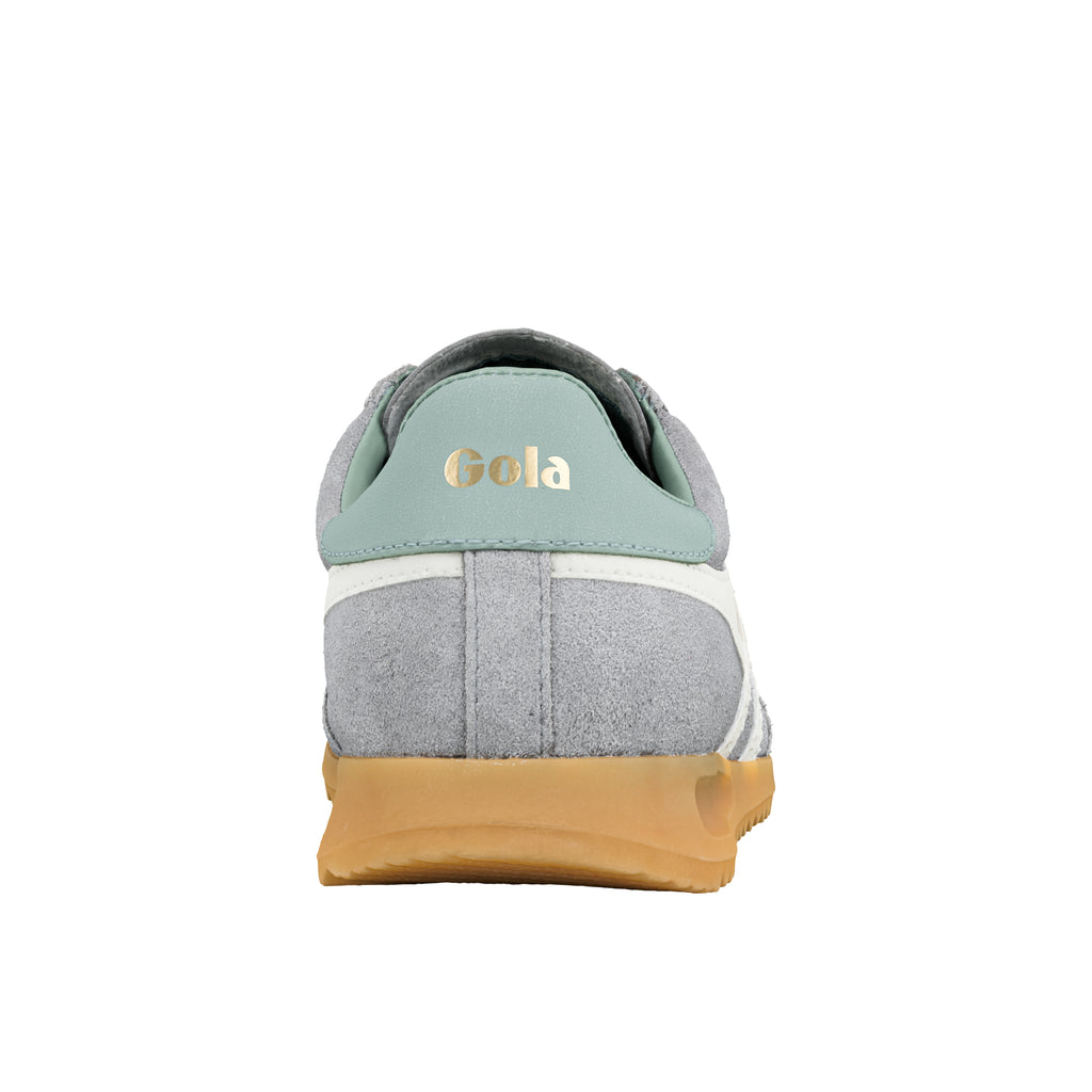 Rear view of a grey suede Gola trainer with a mint green heel tab and gum rubber sole