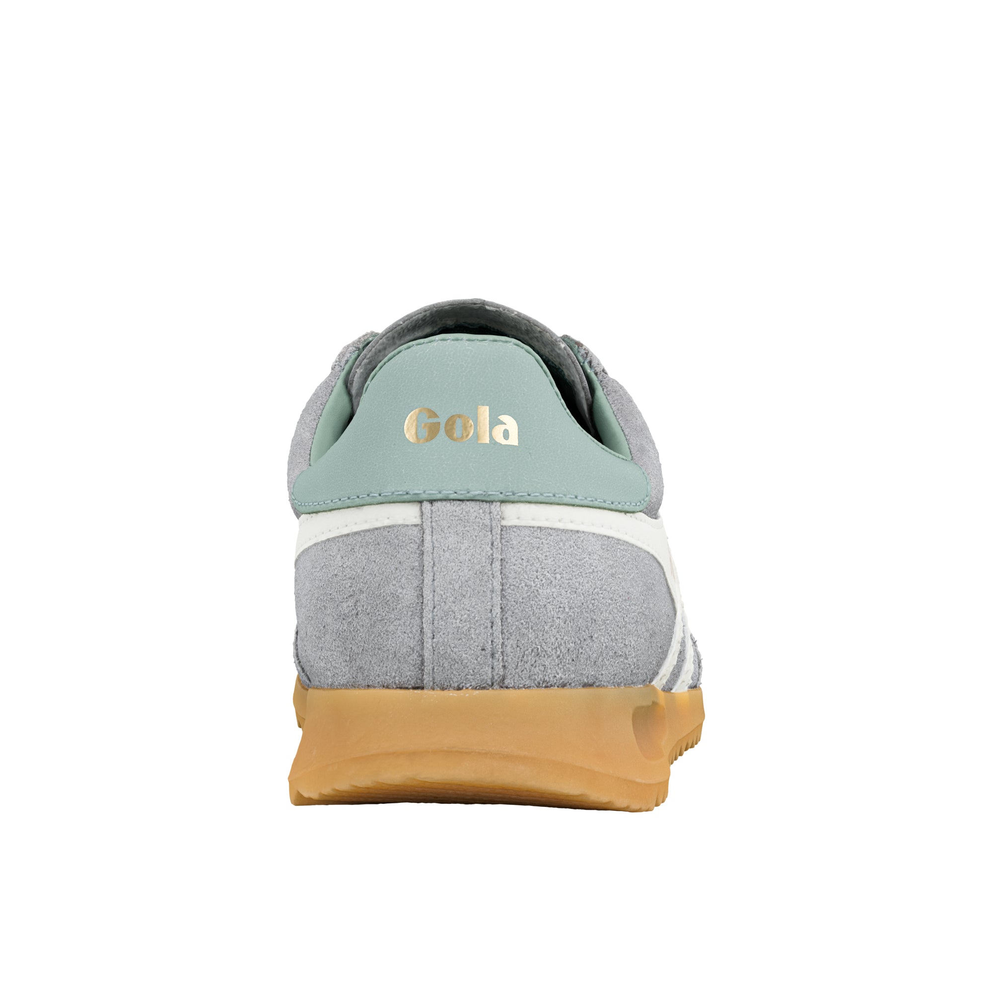 Rear view of a grey suede Gola trainer with a mint green heel tab and gum rubber sole