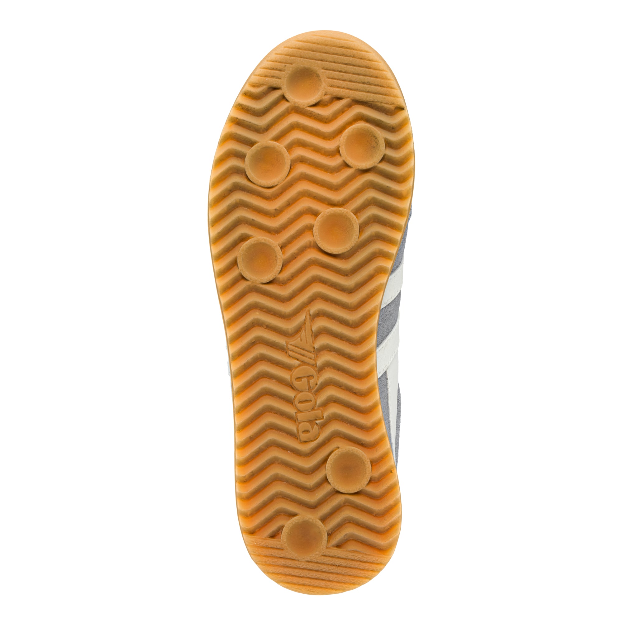 Gum rubber trainer sole with a wavy tread pattern and circular grip studs