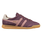 Plum suede Gola trainer with pink side stripes and a gum sole
