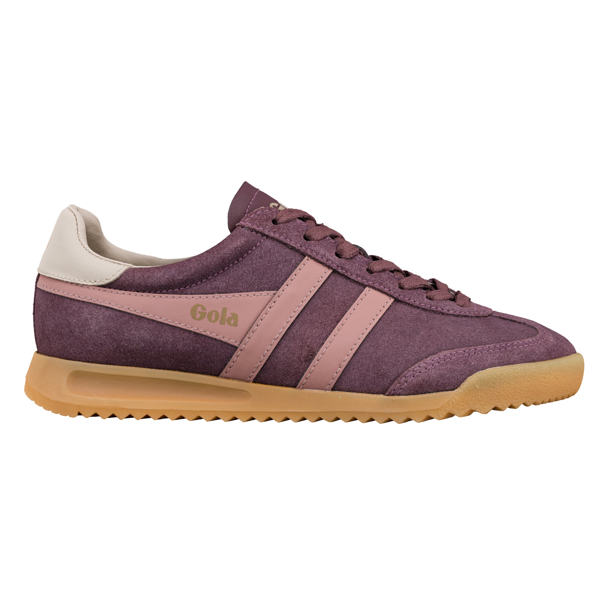 Plum suede Gola trainer with pink side stripes and a gum sole