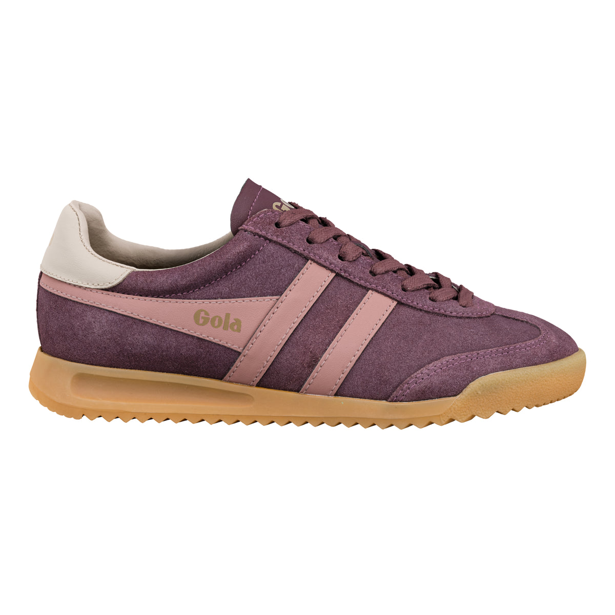 Gola Classics purple suede trainer with pink side stripes and gum sole