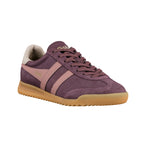 Plum suede Gola trainer with pink side stripes and gum sole