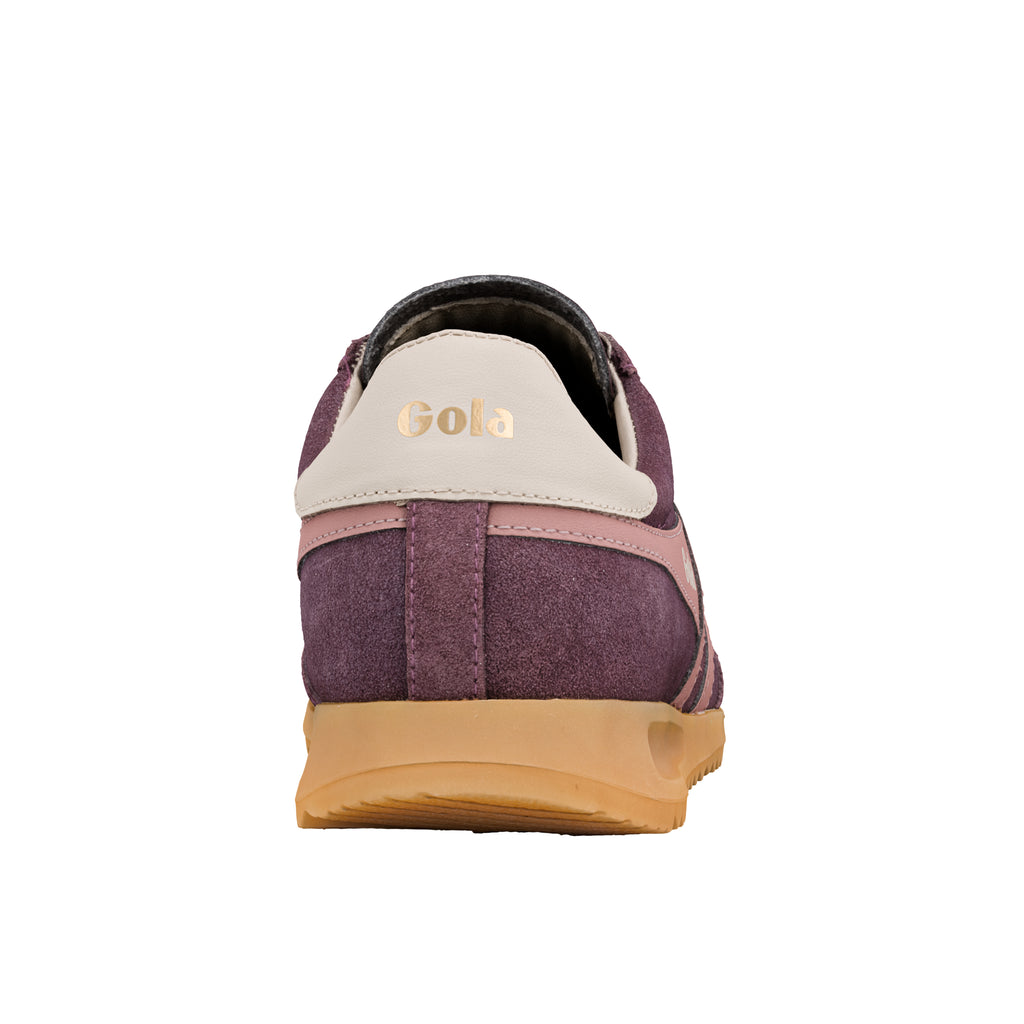 Rear view of a plum suede Gola trainer with a cream heel tab and gum sole