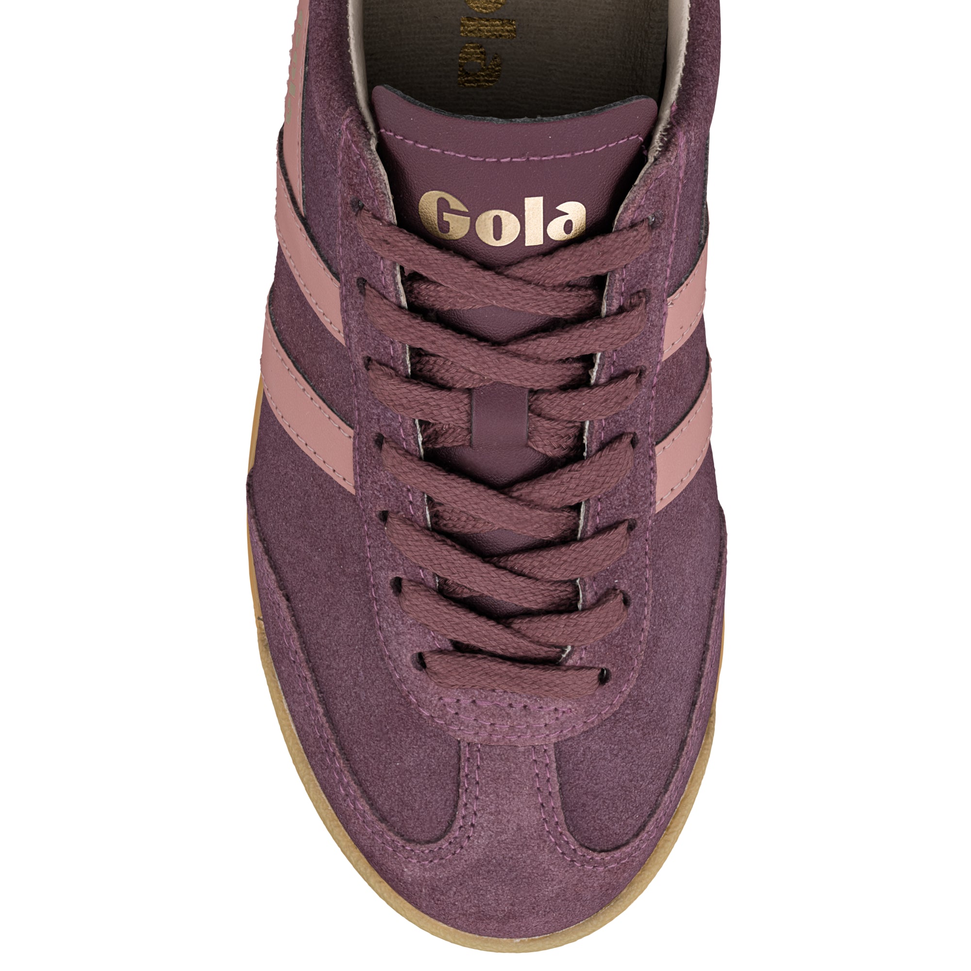 Top view of a plum suede Gola trainer with gold branding and gum sole